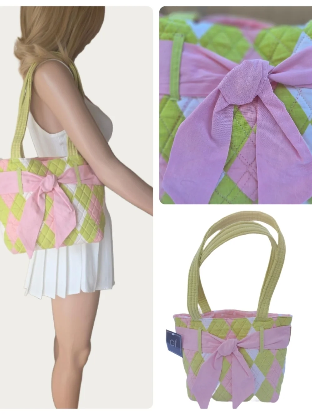 C&F Home Argyle Prepster Tote – Quilted Pink & Lime Bow Bag